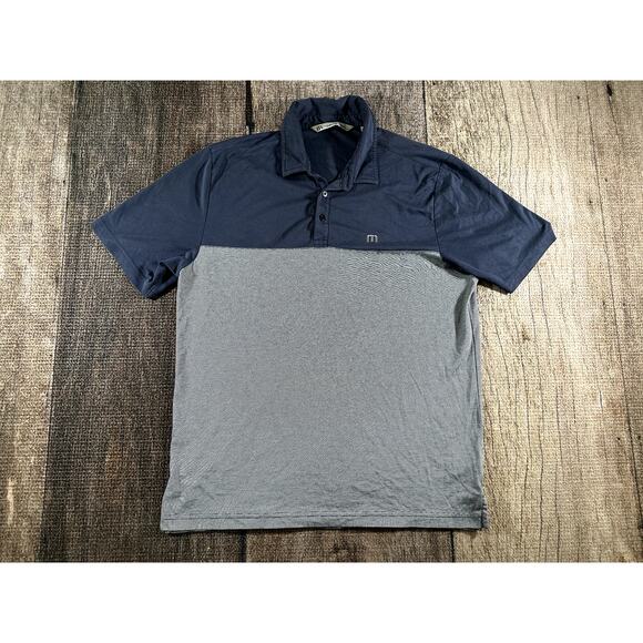 Travis Mathew Blocked Striped Polo Shirt Mens Lg Blue Gray Cotton Polyester - Picture 1 of 11